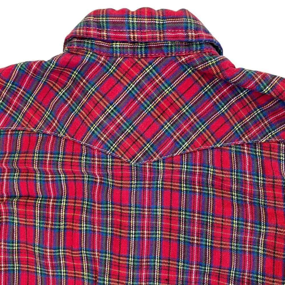 Levis Kids Vtg 90s Pearl Snap Western Button Down Shirt Red Plaid Made in USA